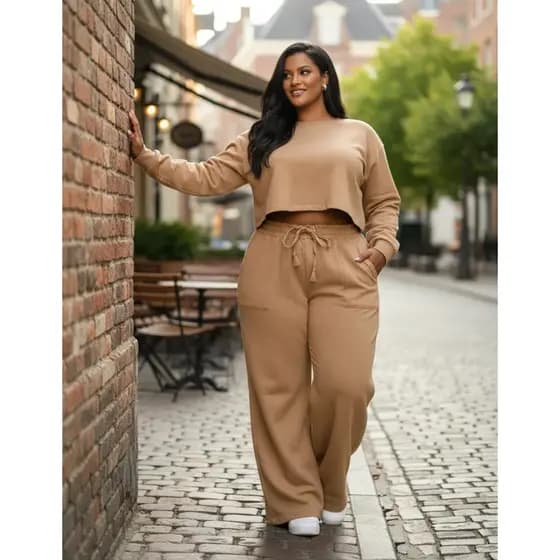 Conjunto Moletom Flanelado Cropped Pantalona Casual Inverno