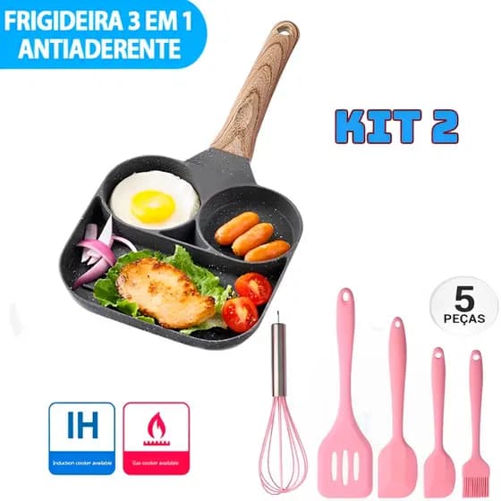 Kit 5 Colheres de Silicone + Frigideira Panela 3 em 1 Para Ovos Hambúrguer Com Alça Antiaderente