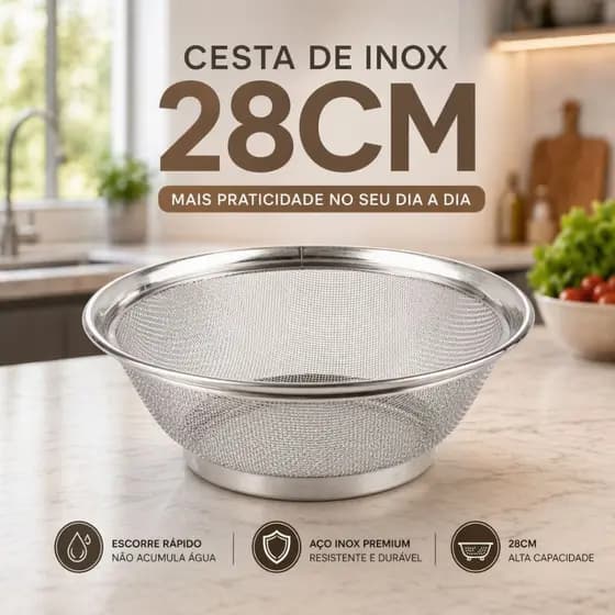 Cesta em Aço Inox 28 cm Escorredor Peneira de Arroz e Macarrão cozinha Linha Premium Resistente