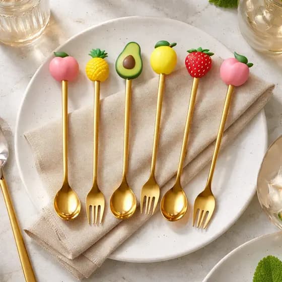 Kit Talher Sobremesa Cabo Frutas Criativo Decorativo Dourado