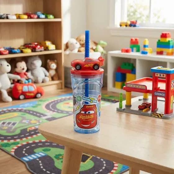 Copo infantil Carros Carrinho relampago McQueen com canudo Flexivel 360ml