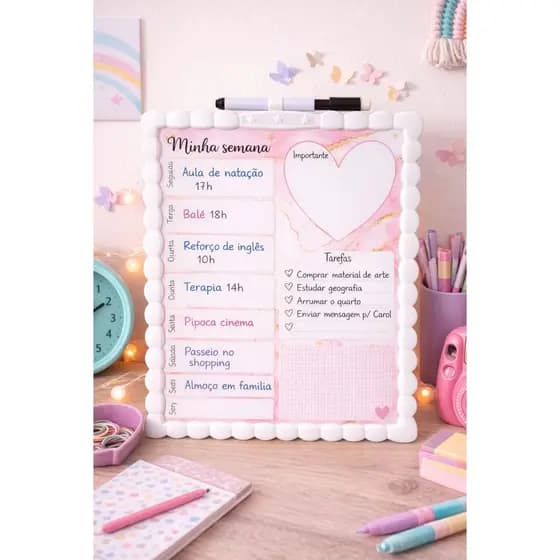 Planner Dupla Face Semanal Diário Lousa e Quadro Branco para anotações com Caneta apagador