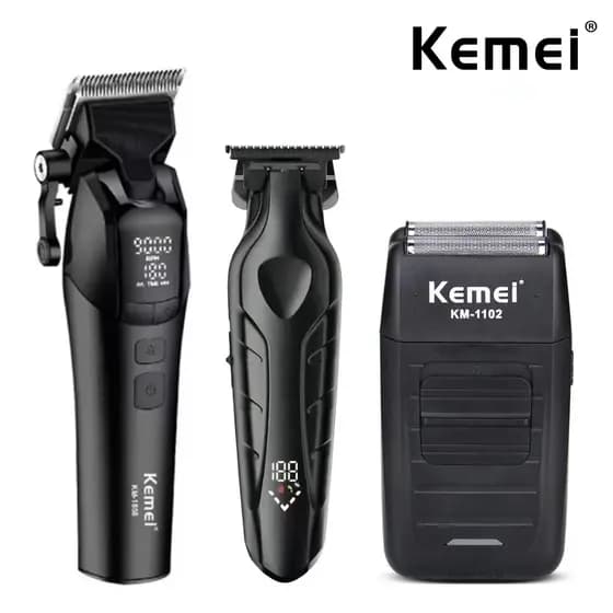 KIT 3 Maquina de cortar cabelo+ acabamento+ shaver Barbeador Profissional Completo KM-1858+2269+1102