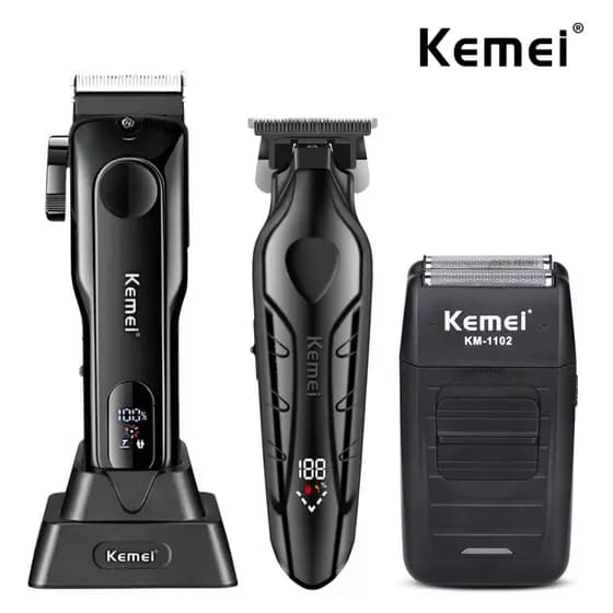 KIT Kemei 3 Máquina De Cortar Cabelo Original Corte KM-5082 Acabamento KM-2269 Barba KM-1102 Bivolt