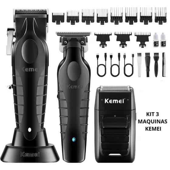 Kit Kemei Máquina de Cortar Cabelo + Acabamento + Shaver Barbeador KM-2296 KM-2299 KM-1102