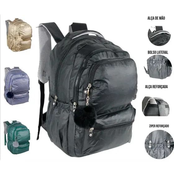 Mochila Feminina Metalizada Grande Reforçada Notebook Brinde Chaveiro Pompom Escolar Faculdade