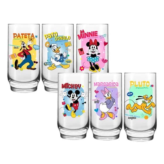 Conj. 6 Copos de Vidro Coleção Mickey Friends Item Personalizado Arte Pronta Acabamento em Verniz