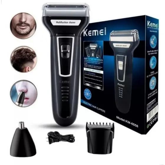 Aparador de Barba Barbeador Kemei 3 em 1 Recarregável Bivolt Barbeador Elétrico Cortador Cabelo e Nariz em Oferta