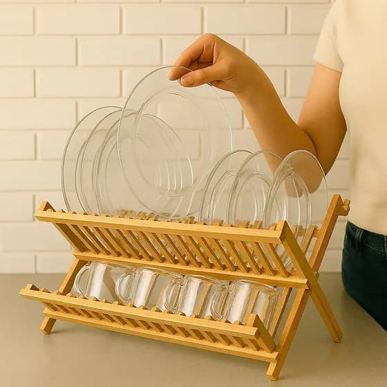 Escorredor Pratos Dobrável Bambu Cozinha Suporte Copos Taças Talheres Colher Louça Rack Organização