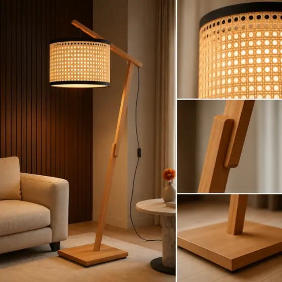 Luminária Abajur Madeira Aurora Chão Pedestal Cupula em Tela /Tecido Sala Quarto Escritorio 1,60 Bivolt
