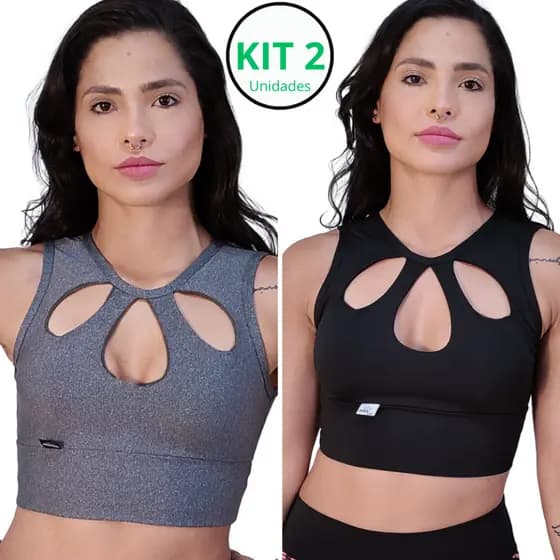 Kit 2 Tops Cropped Super Sustentação Decote Diferenciado Forrado Com Bojo