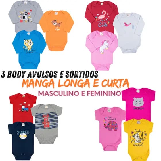 Body Bebê kit 3 peças infantil avulso Menina Menino manga longa ou curta