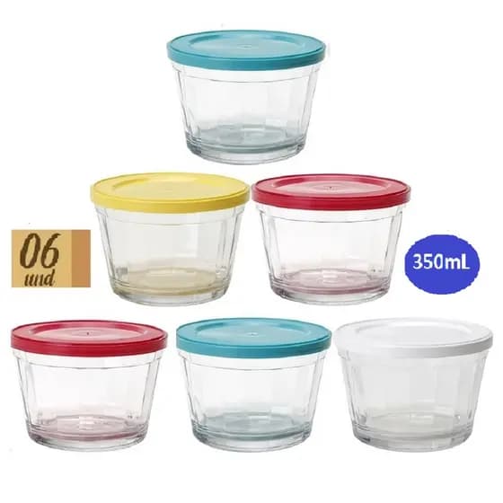 Pote Tigela 350ml vidro Americano c/ tampa cores sortidas. (4 potes ou 6 potes)