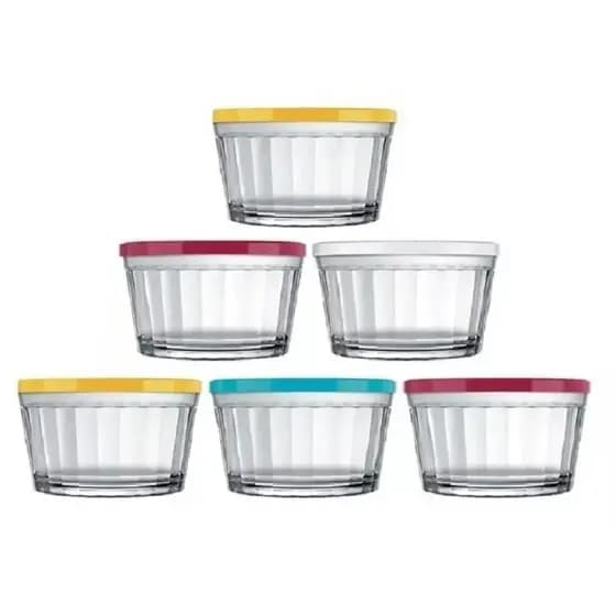 Pote Tigela 600ml vidro Americano c/ tampa cores sortidas (6 potes ou 4 potes).