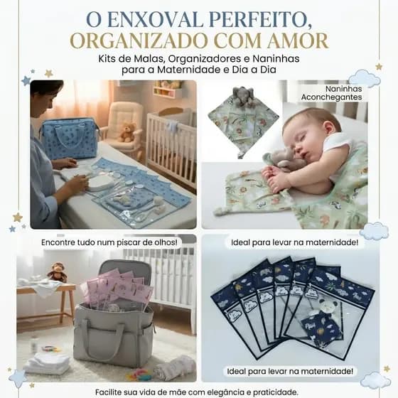 Kit c/6 Saquinhos Maternidade Organizadores para Mala de Maternidade em Plástico + Naninha Pelúcia