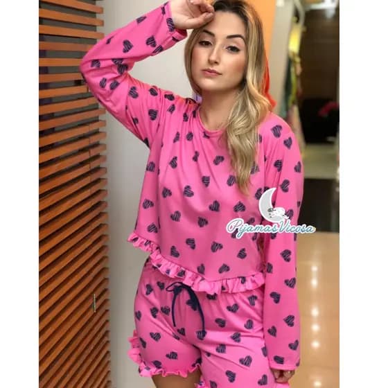 Pijama de Frio Feminino Conjunto Blusa manga comprida e short Estampado Roupa inverno meia Estação
