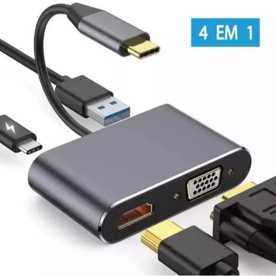 Adaptador HUB Tipo C 4 em 1 para Usb 3.0 Tipo C Hd 4k Vga Hdmi