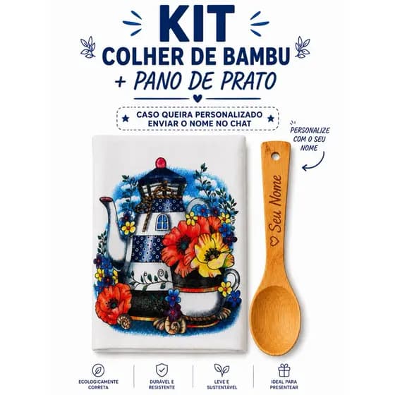 Kit Colher de Bambu Personalizada + Pano de Prato