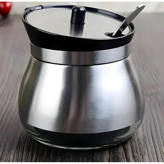 Açucareiro de Mesa Inox com Vidro e Colher - Elegante e Moderno