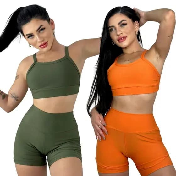 Kit 2 Conjunto de Academia Feminino Short e Top Fitness Cós Alto Reforçado
