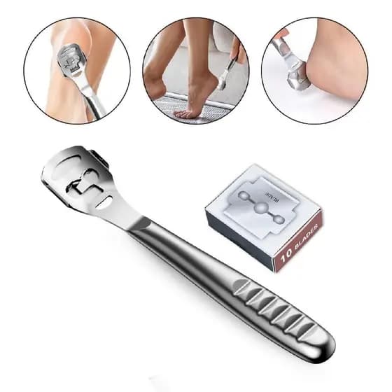 Removedor de Calo Aço Inoxidável + 10 Lâminas Extra Pedicure Calosidade Pés Calcanhar Peles Grossas