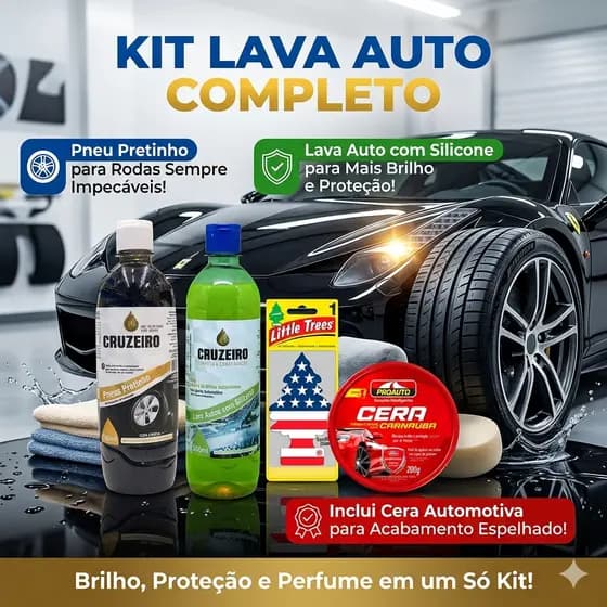 Kit Automotivo Completo Cera Carnaúba+Lava Auto com Silicone + Pneu Pretinho + Aromatizante Automoti