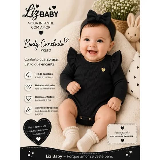 Body Bebê Feminino Manga Longa Canelado Com Laço Roupa Infantil P M G Lizbaby