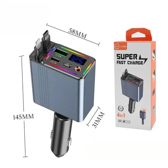 Carregador Veicular 4 em 1 Super Rápido — USB + Tipo-C + Cabos Embutidos | Display LED | 36W Fast Charge marisa