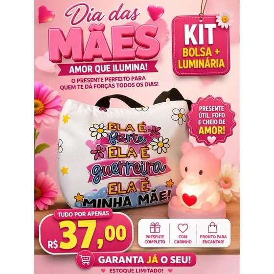 Kit dia das mães bolsa com luminária o presente que a sua mãe precisa e vai adorar