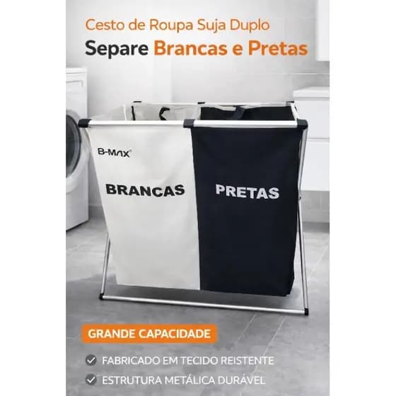 Cesto de Roupa Suja Duplo Dobrável Separador Brancas e Pretas Lavanderia Grande Capacidade Estrutura Metálica