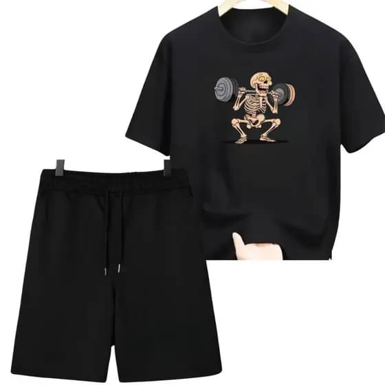 Conjunto Masculino Camiseta em Algodão +Shorts Moletom 100% Algodao Estampa Esqueleto Academia