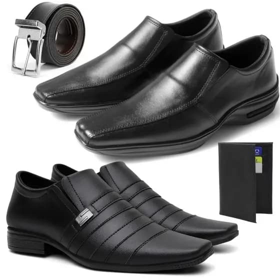 Kit 2 Pares Sapato Social + Cinto Masculino Italiano Elastico Fosco Super Leve