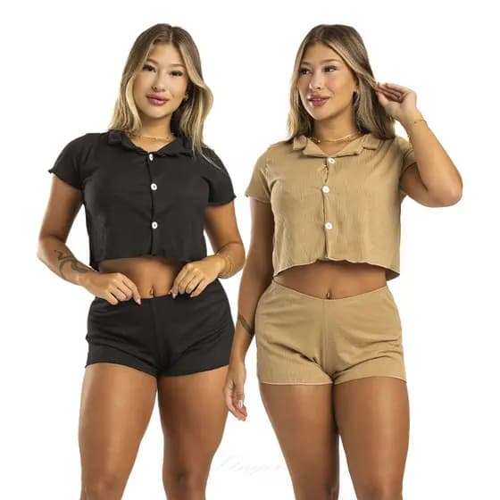 Kit 2 Pijama Baby Doll Feminino Canelado com Gola e Botão Adulto