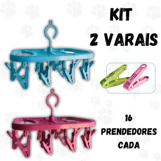Kit 2 Varais de Roupa Íntimas 16 Prendedores Plástico Reforçado