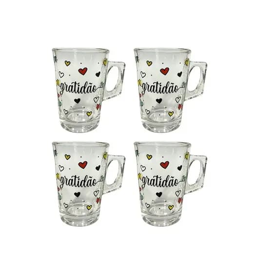 Jogo 4 Xícaras De Vidro Decoradas Gratidão 130ml