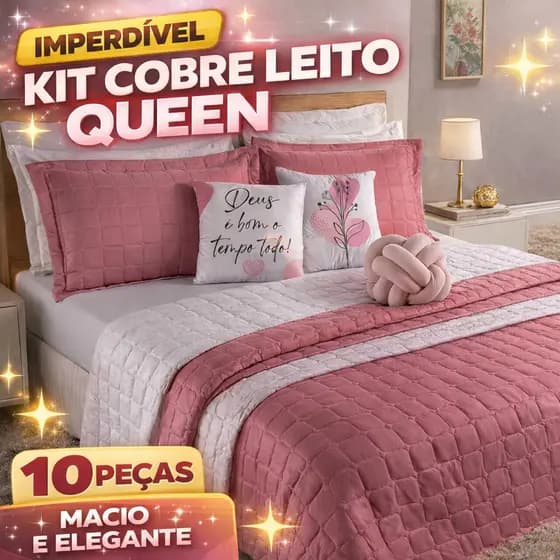 Kit 10 Peças Cobre Leito Dupla Face Paris Queen + 2 Porta Travesseiros Branco