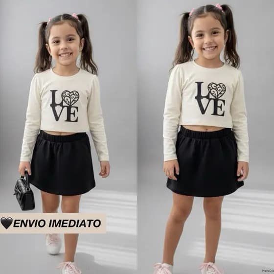 Conjunto Infantil Feminino Cropped Manga Longa + Short Saia Moletinho Love