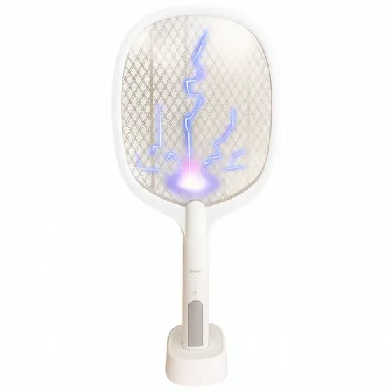 Raquete Elétrica Mata Insetos Recarregável com Base e Luz LED UV