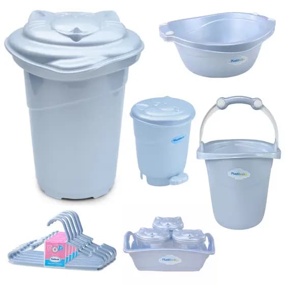Kit Organização do bebê com Cesto de Roupas, bacia, balde, lixeira, organizador e cabides Plastibaby ou Adoleta