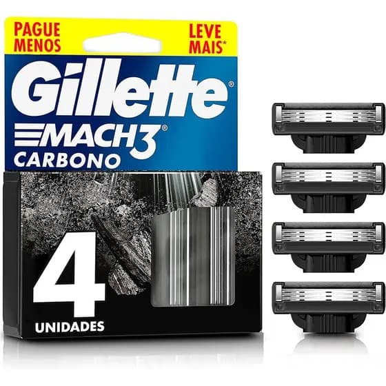 Gillette Mach3 Carbono Refil p Aparelho de Barbear,Carvão Ativado Fita Lubrificante Melhorada 4 U