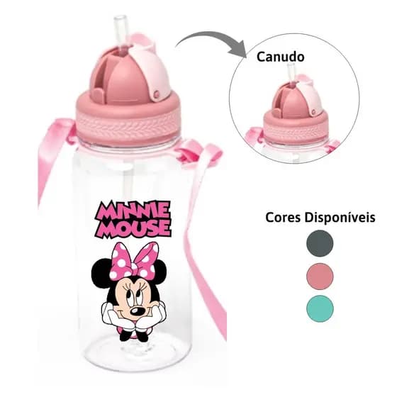 Garrafa Squeeze com Canudo Plástica Gatinhos Minnie Água Criança 420ML