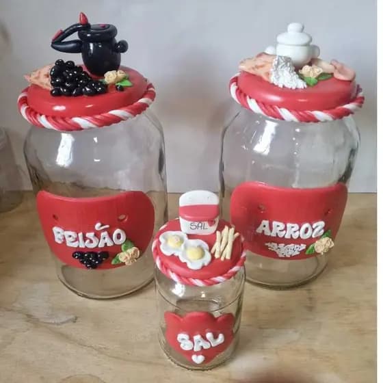Kit mantimento - arroz e feijão pote 3litros - açúcar e sal 600ml vermelho