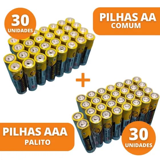 30 Pilhas AAA Palito + 30 Pilhas AA Comum Para Controle Relógio