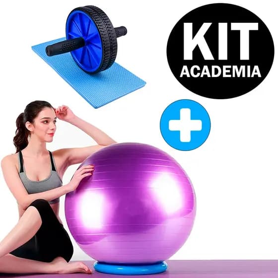 Kit Pilates e Yoga Bola Suíça Pilates Yoga 55cm + Roda Abdominal Exercícios Lombar Treino Exercícios Fitness Funcional