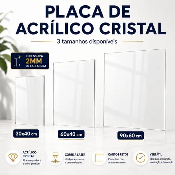 Chapa de Acrílico Cristal Transparente Lisa para Corte a Laser 30x40 60x40 90x60