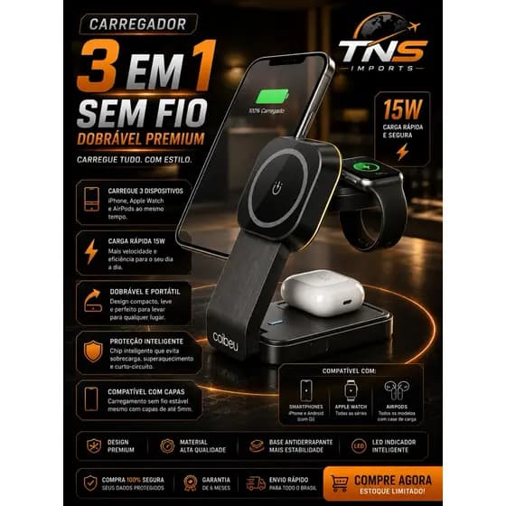 Carregador Sem Fio Magnético 3 Em 1 Dobrável 15w