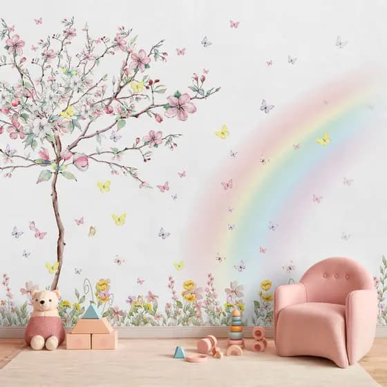 Papel De Parede Adesivo Galhos Floral Em Aquarela Com Borboletas