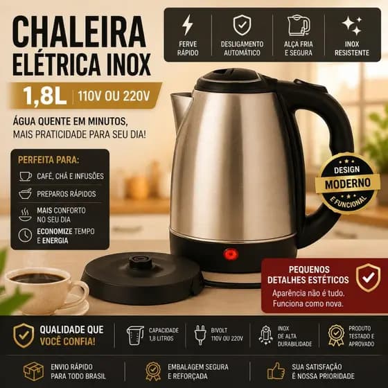 Chaleira Elétrica Inox 1,8 Litros 110V ou 220V Outlet com Pequenos Detalhes Estético(Avarias) 100% Funcional