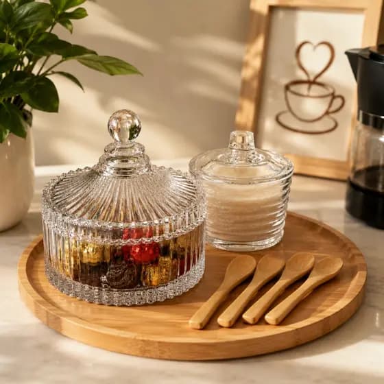 Kit Cantinho do Café Bomboniere Potiche de Vidro Carrossel com Açucareiro de Vidro com Colher