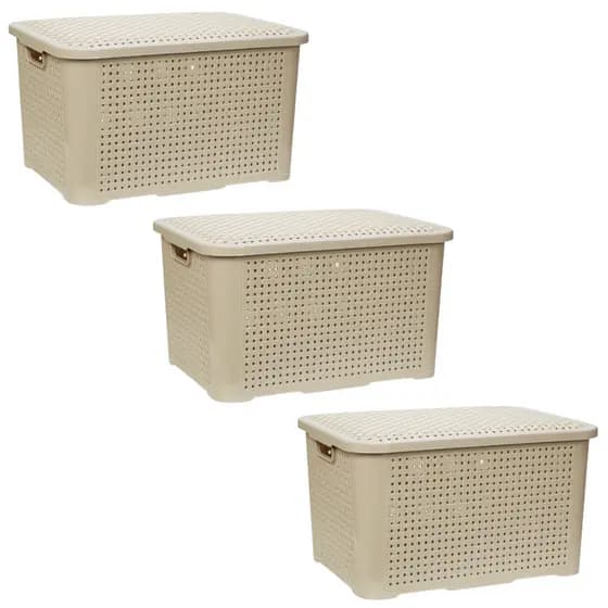 Caixa Organizadora Rattan Empilhavel Cesto Multiuso com Tampa 14 Litros - CAPUCCINO